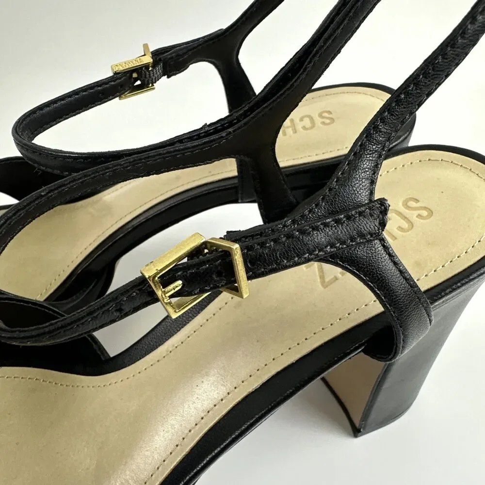 SCHUTZ Keffa Heel Sandal Black Leather Strappy Ankle Buckle High Block Heel 9